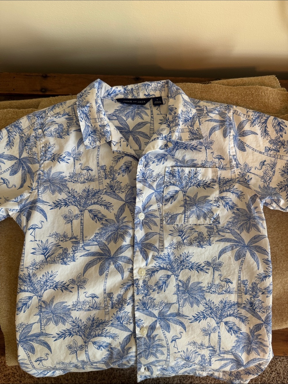 Janie and Jack Blue and White Short-Sleeve Tropical Button-Down Shirt size 8